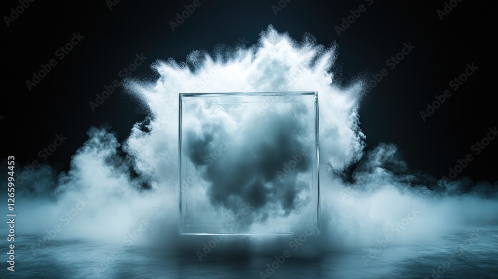 Poster a captivating image showing a cloud-like formation bursting from a clear box, evoking themes of inte