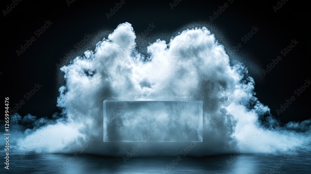 Poster a mesmerizing representation of cloud-like formations emerging from a transparent box, unleashing th