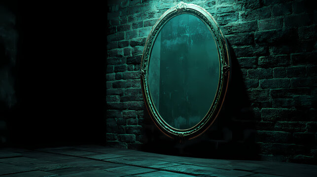 An ethereal mirror reflecting faint images of other realms, propped against a dark wall, inviting exploration and discovery, generative ai. Mirror Realm Explorers. Illustration