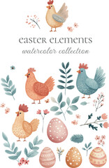 eastern watercolor collection bunnys and eggs and chicken for cards and designs