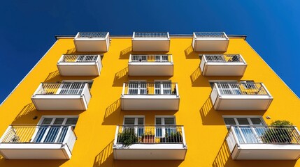 Modern Yellow Apartment Building with Balconies, Sunny Day
