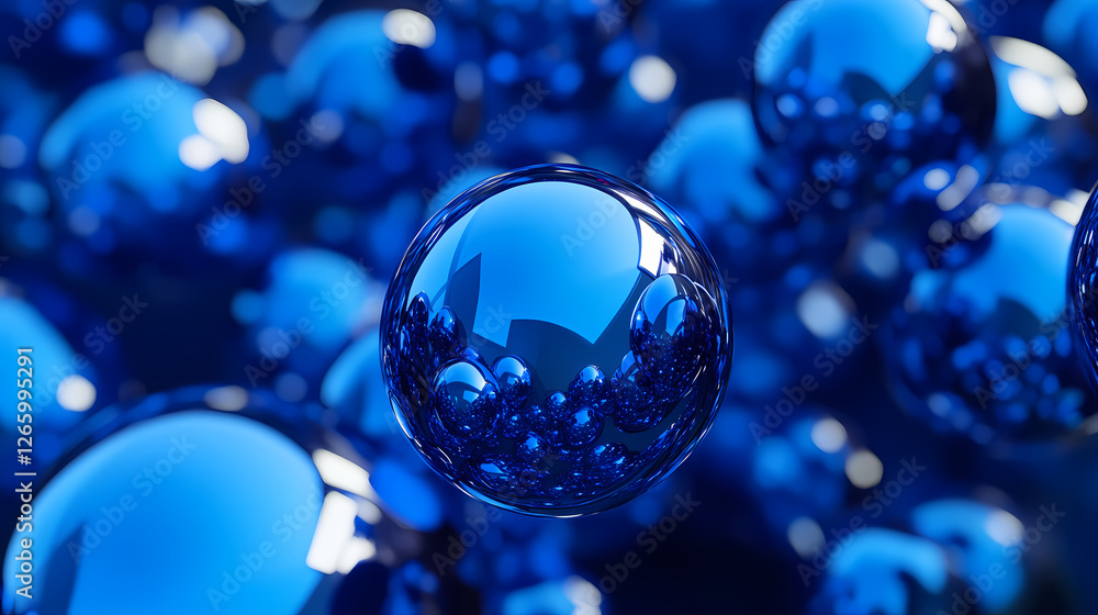 Wall mural dynamic blue and navy matte spheres with mirrored surfaces abstract art digital realm close-up view 