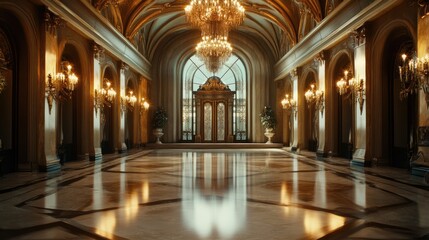 Obraz premium Grand Hallway with Ornate Details and Gleaming Floors