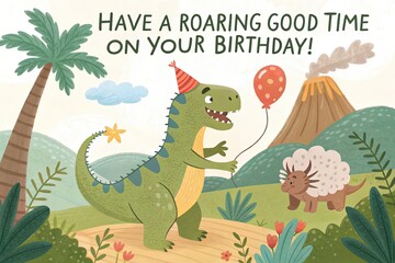 Obraz premium A friendly T-Rex with a party hat and a balloon in its hand, surrounded by colorful dinosaurs like a Triceratops and Stegosaurus. Text: 'Have a roaring good time on your birthday!'