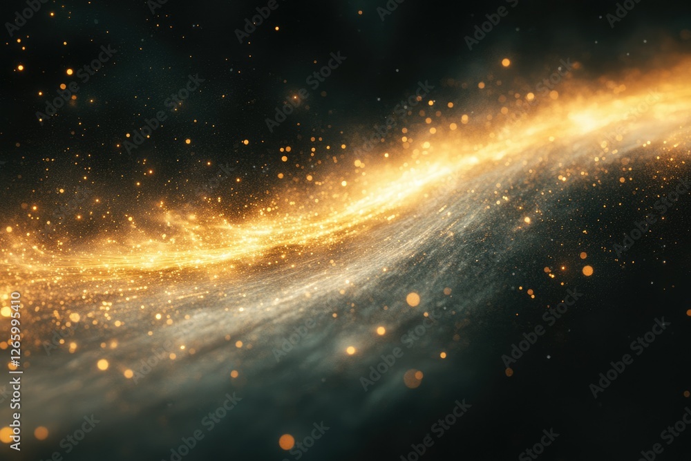 Poster golden cosmic dust swirls across a dark background, creating a mesmerizing celestial scene.