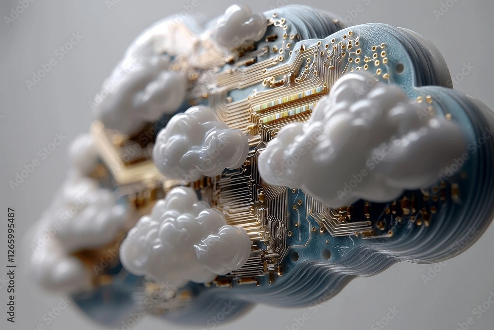 Poster a cloud computing symbol with a circuit board background, featuring generative ai capabilities
