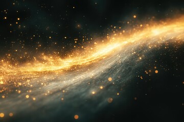 Golden cosmic dust swirls across a dark background, creating a mesmerizing celestial scene.