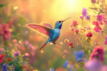 A vibrant hummingbird hovers amidst a radiant bloom of colorful flowers in a sun-drenched meadow.