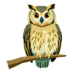 Hand Drawn Vector Illustration of a Thoughtful Owl Perched on a Branch with Large Eyes and Detailed Feathers