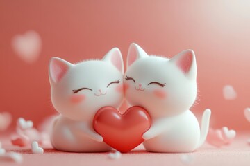Two adorable cartoon cats embracing a heart, symbolizing love and affection