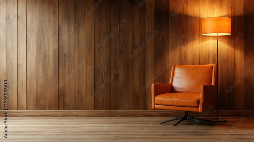 Poster an elegant leather armchair is illuminated by a warm light adjacent to rustic wooden panels, creatin