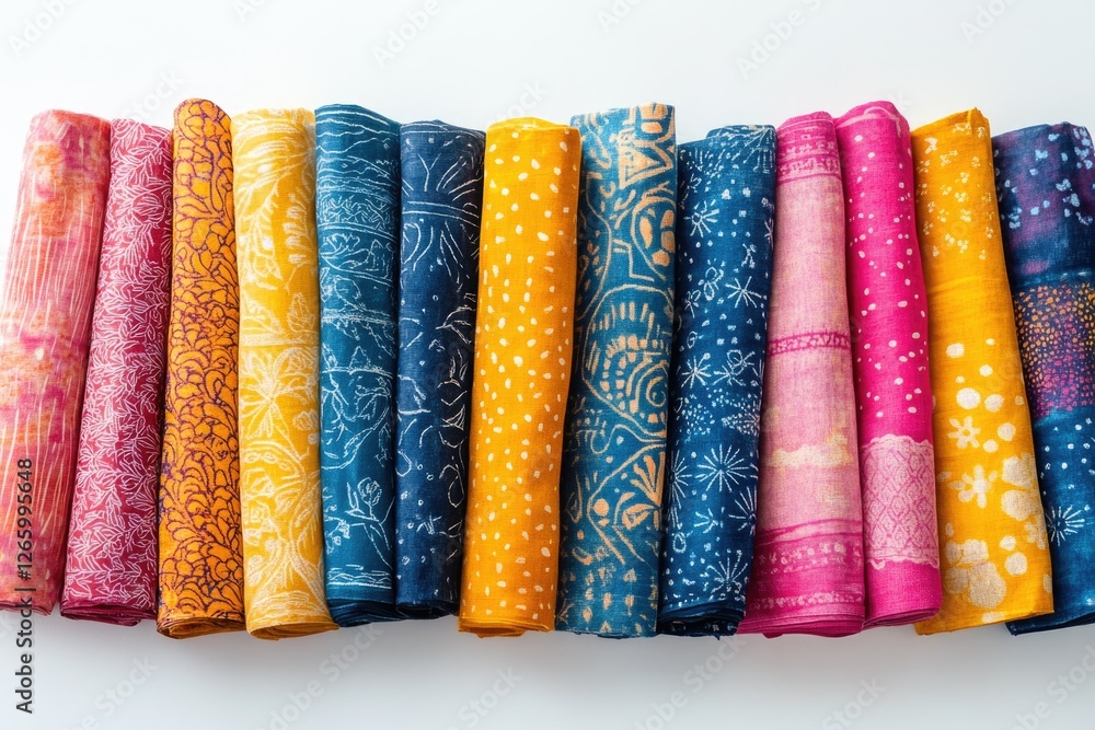 Poster a vibrant collection of hand-dyed textiles showcasing diverse patterns and colors.