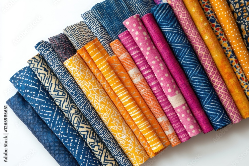 Poster vibrant collection of indigo and orange hand-dyed fabrics rolled neatly, showcasing intricate patter
