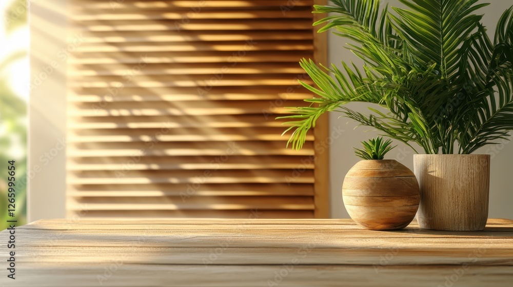Poster an artistic arrangement of decorative pots resting on a wooden table, illuminated by bright sunlight