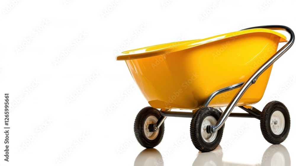 Poster this image displays a pristine yellow wheelbarrow, highlighting its smooth surface and design agains