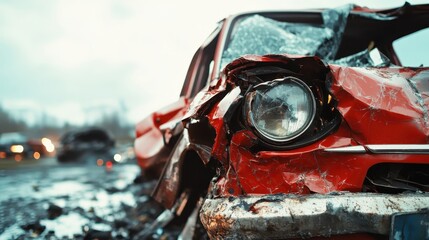A wrecked red car is captured in a somber, rainy landscape, representing loss and despair, evoking a strong emotional response regarding accidents and their aftermath.