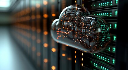 Abstract clouds situated in a server room serve as a visualization of cloud computing