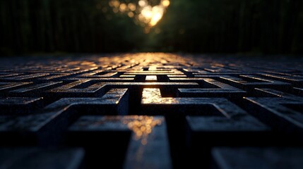 An intricate maze of glowing blue pathways evokes the challenges of digital navigation and complex problem-solving in the Complex Digital Maze Structure