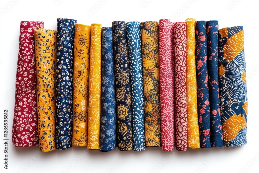 Poster A collection of rolled-up fabrics showcasing various floral and geometric patterns in autumnal colors.