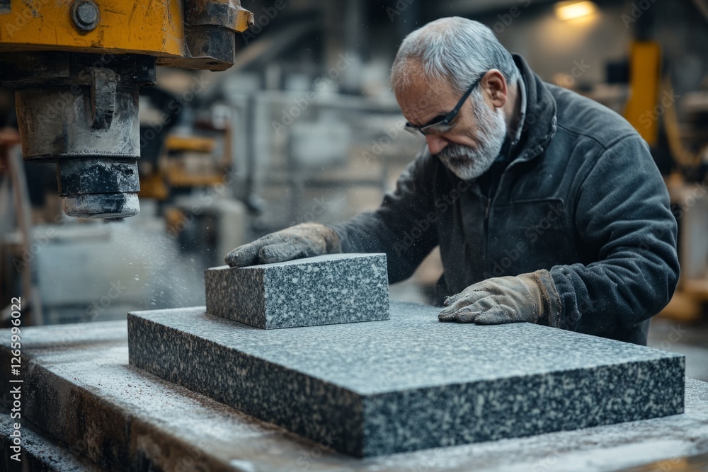 Poster senior stonemason working granite block in workshop with automated machine
