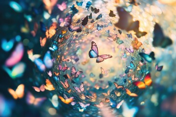 A vibrant vortex of colorful butterflies swirling in a dreamy, ethereal landscape.