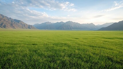 Fototapeta premium Vast grassy plain, mountain range backdrop, serene landscape
