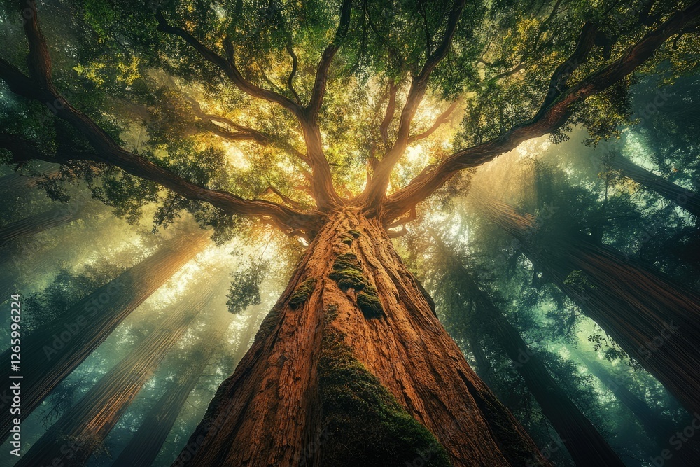 Poster majestic redwood tree in a misty forest, sunlight filtering through the canopy, creating a magical a