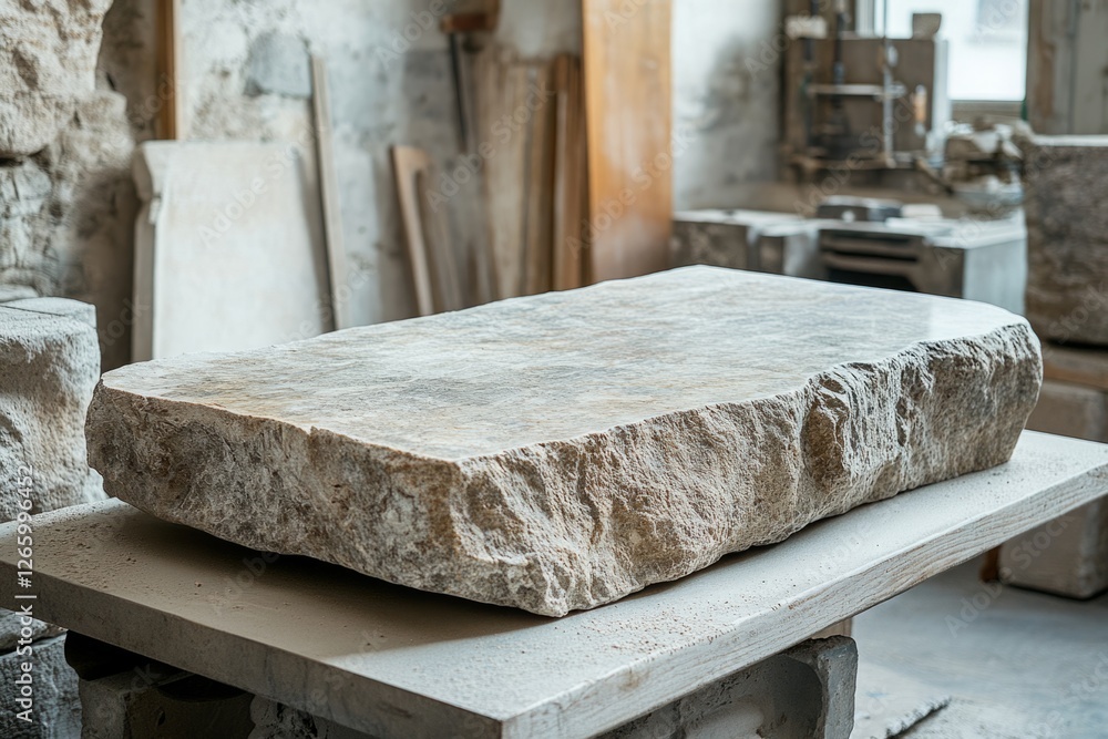 Poster large rectangular stone block with a smooth top and rough hewn sides sits on a workbench in a stone 