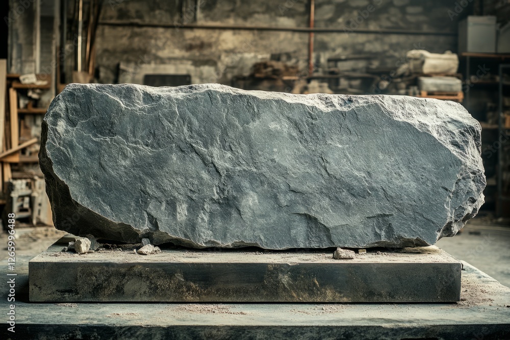 Poster grey stone slab resting on a workbench in a workshop, showing signs of processing and craftsmanship