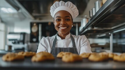 A smiling African American woman baker in a professional kitchen, showcasing passion, skill, and creativity in baking and pastry-making.