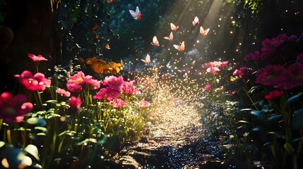 A hidden fairy world in a flower garden with tiny fairy