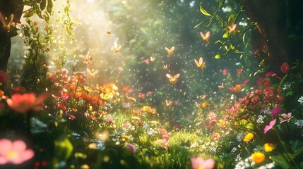 A hidden fairy world in a flower garden with tiny fairy