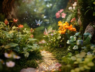 A hidden fairy world in a flower garden with tiny fairy