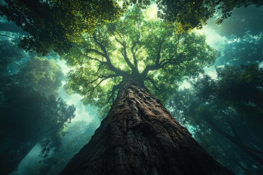 Majestic ancient tree dominates a mystical forest, sunlight filtering through leaves.