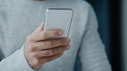 Man holding smartphone while wearing a cozy sweater against a soft, blurred indoor background showcasing technology use and modern lifestyle.