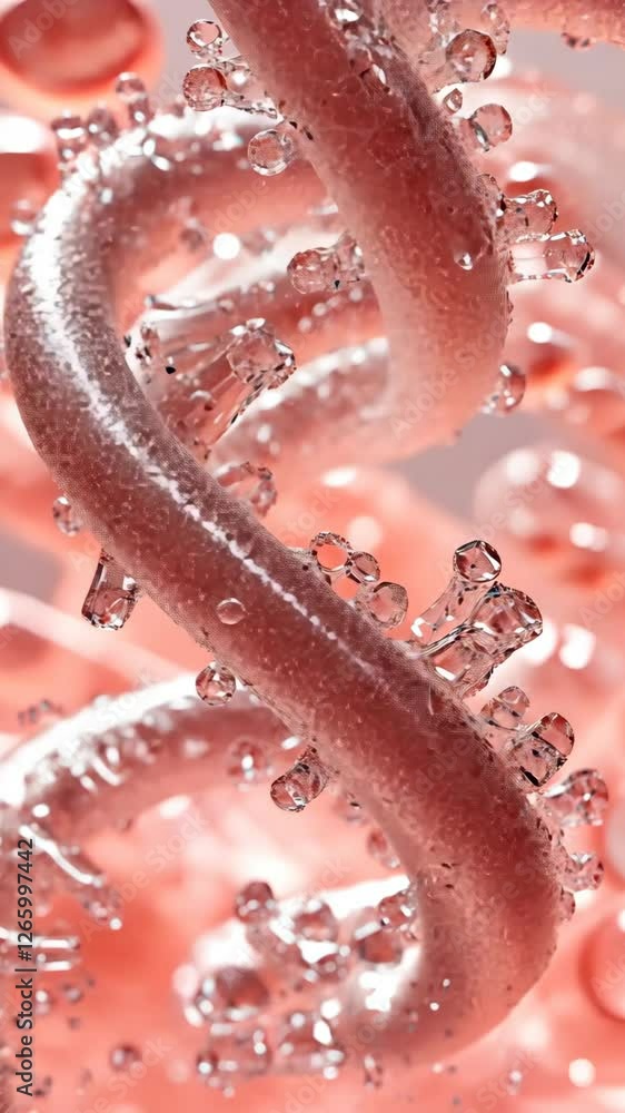 Poster close-up of intertwined, translucent pink structures resembling dna with bubbles in clear liquid on 