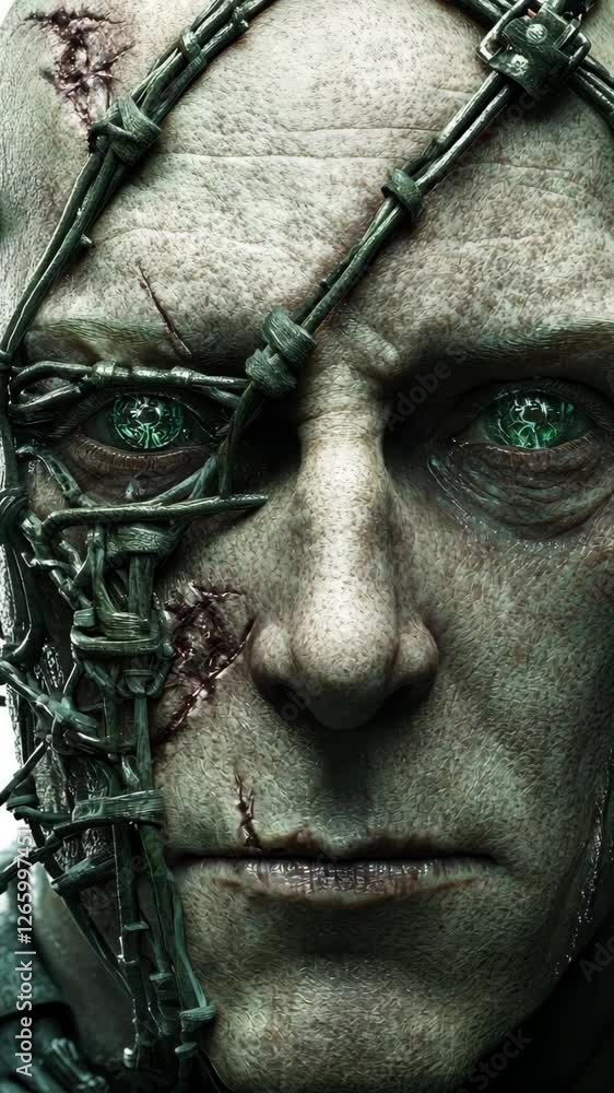 Poster intricate cybernetic face with visible wires and scars in a futuristic setting