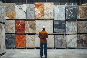 Supervisor controlling marble or granite blocks stored on pallets in warehouse of a natural stone factory
