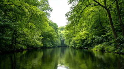 Fototapeta premium Serene River Scene With Lush Green Trees And Calm Water