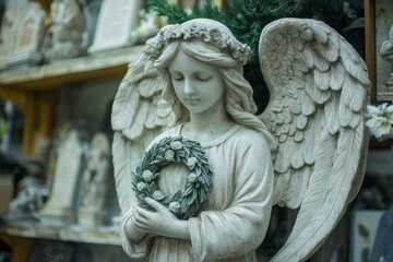 Naklejka premium Beautiful white stone angel holding a green floral wreath, a symbol of remembrance and peace