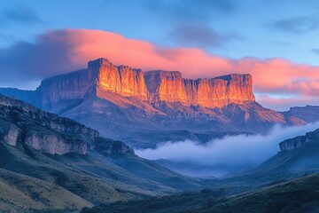 Naklejka premium Majestic mountain range bathed in the warm glow of sunrise, clouds swirling in the valley below.