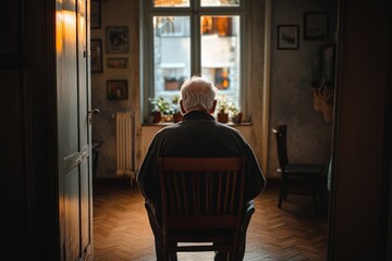 Elderly man sitting alone in his home looking out the window, contemplating life