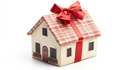 House Model With Ribbon As A Gift For A New Home Or Mortgage. Celebrate Buying Property.