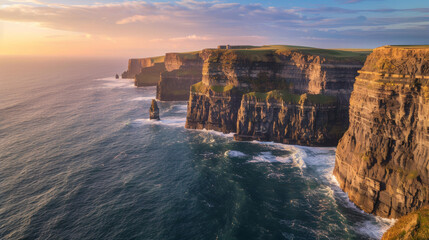 Cliffs of Moher at sunset with deep blue ocean waves crashing against rugged cliffs