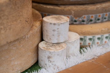 Cheese display showcases artisanal rounds in a rustic market setting