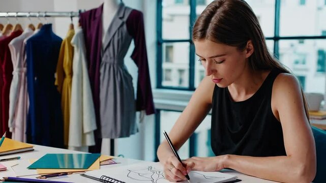 Fashion designer sketching designs at workspace with colorful fabrics around