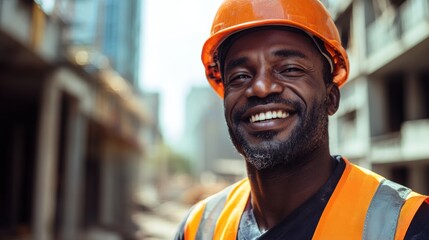 Smiling construction worker in safety gear stands at a busy urban construction site