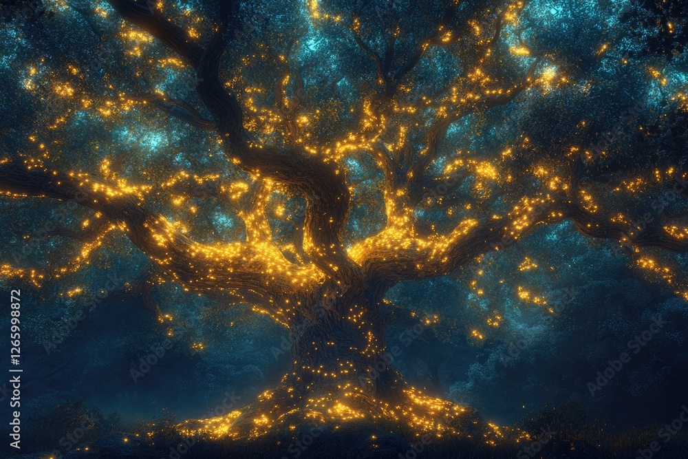 Poster A majestic ancient tree glows with ethereal golden light in a dark forest, creating a magical and enchanting scene.