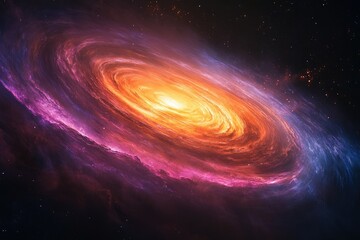 Obraz premium A vibrant spiral galaxy with a bright, orange core surrounded by purple and blue nebulae, showcasing cosmic beauty.