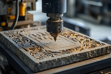 Cnc machine carving detailed patterns on a stone slab